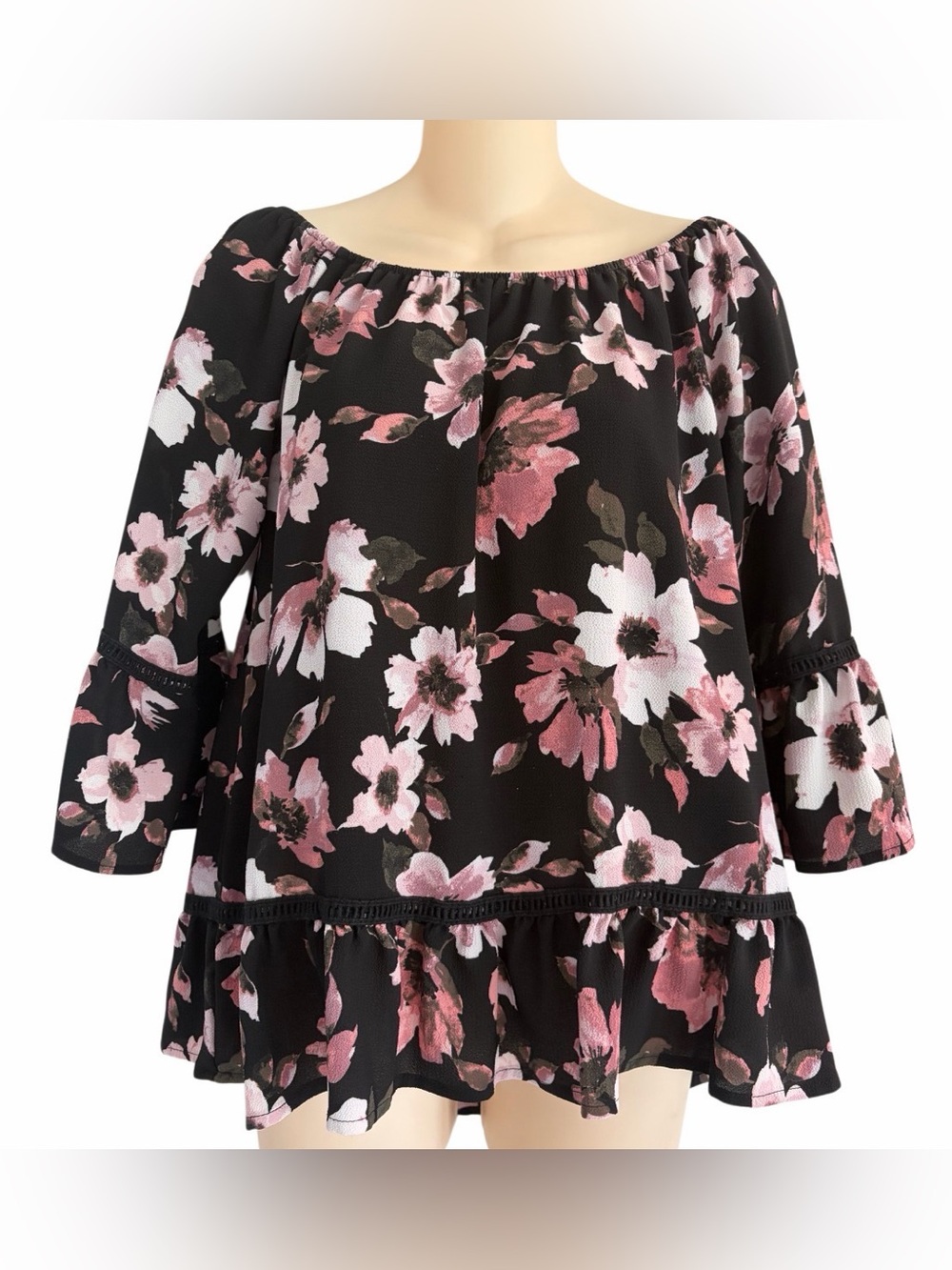 Rue Juju Off Shoulder Peplum Top Black Floral Size Small